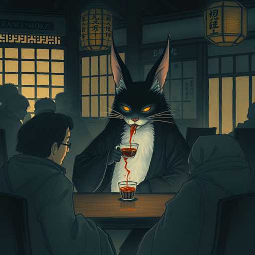 In this captivating image, a man is seated at a table in a traditional Japanese restaurant, characterized by its distinctive architectural elements such as paper windows and walls. The ambiance is further enhanced by the presence of classic Japanese lanterns hanging from the ceiling. The man, who appears to be of Asian descent, is dressed in a gray jacket and is engaged in a peculiar conversation with a cat. The cat, anthropomorphized and dressed in a black robe, has striking orange eyes and is holding a teacup with red liquid spilling out. The scene is rendered in a dark, moody palette, with the background slightly blurred to emphasize the interaction between the man and the cat. The restaurant is populated with other patrons, adding to the lively atmosphere. A sign on the wall reads "RAKENIOKE," suggesting the name of the establishment. The overall composition creates a surreal and intriguing visual narrative.