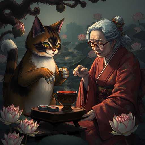 In this captivating image, an elderly Japanese woman, dressed in a traditional red kimono adorned with delicate floral patterns, sits gracefully at a small, dark brown table. Her gray hair is neatly tied back in a bun, and she wears glasses that add to her dignified appearance. The table before her holds a large, ornate teacup filled with a vibrant red liquid, likely tea, and two small dishes containing what appears to be food or snacks. 

Beside her, a large, anthropomorphic cat stands upright on its hind legs, its front paws raised as if engaged in conversation. The cat, with its striking orange and black fur, has a white belly, a white-tipped tail, and piercing yellow eyes. Its ears are perked up attentively, and it seems to be interacting with the elderly woman. 

The background is a serene landscape of lush greenery, dotted with pink and white lotus flowers and their leaves, creating a tranquil and picturesque setting. A tree branch extends into the frame from the top left corner, adding to the natural ambiance. The overall scene exudes a sense of calm and companionship between the woman and the cat, set against a backdrop of nature's beauty.