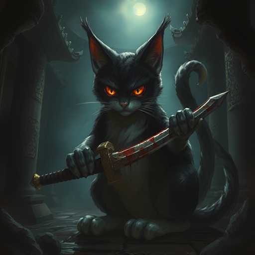 This detailed digital illustration depicts a menacing black cat with striking orange eyes, standing upright on its hind legs in a traditional Japanese temple setting. The cat, which has a white chest and belly, is gripping a bloodied sword with a black handle and gold accents in its right paw, while its left paw holds the blade. Its long, grayish-black tail curls behind it, adding to its fierce appearance. The cat's ears are pointed and adorned with tufts of fur, and its sharp claws are clearly visible. The background features a large, glowing moon casting a yellowish light over the scene, illuminating the cat's face and the blood on the sword. The temple, with its distinctive curved roofs and stone pillars, frames the cat, enhancing the eerie and mystical atmosphere of the image.