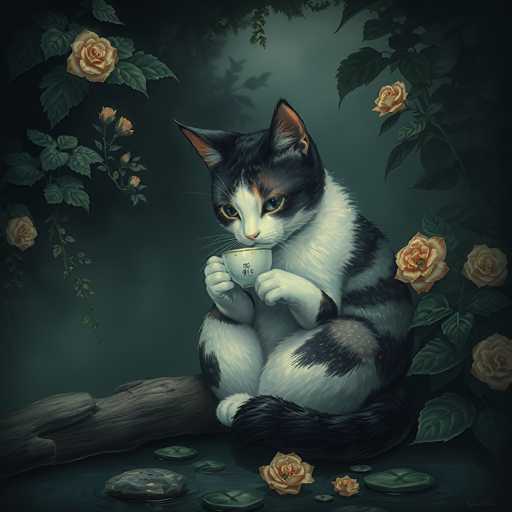 This detailed illustration depicts a black and white cat with a hint of brown on its face, sitting gracefully on a log that extends from the bottom left corner of the image. The cat, with its striking yellow eyes and pink nose, is holding a white teacup adorned with a floral design, seemingly sipping from it. Its ears are perked up, and its tail is wrapped around its body, adding to its poised demeanor. The scene is set against a dark, misty background that transitions from black at the edges to a lighter gray towards the center, creating a moody atmosphere. Surrounding the cat are numerous green leaves and vibrant orange flowers, with some floating on the water below, which is dotted with lily pads. The overall composition, with its rich details and dark tones, evokes a sense of tranquility and elegance.