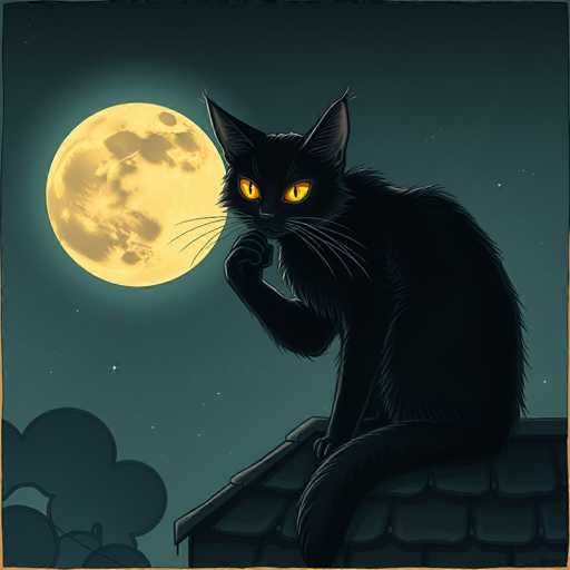 This detailed illustration features a black cat perched on the edge of a roof, gazing contemplatively at a large, glowing yellow moon. The cat's fur is entirely black, with striking yellow eyes that have black pupils. Its ears are pointed and alert, and its long, fluffy tail drapes over the edge of the roof. The cat's right paw is raised to its chin, giving it a thoughtful expression, while its left paw rests on the roof's edge. The roof itself is depicted with dark gray shingles and a visible gutter.

The background showcases a night sky filled with stars, rendered in a dark grayish-blue hue. To the left of the moon, there are silhouettes of trees and clouds, adding depth to the scene. The moon is prominently detailed, with visible craters and a glowing aura, enhancing the mystical atmosphere of the illustration. The overall composition is rich in detail, creating a captivating and serene nocturnal scene.
