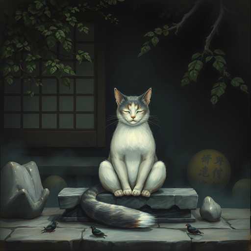 The image depicts a serene, nighttime scene featuring a white cat with gray and brown markings on its head and ears, sitting on a stone platform. The cat's eyes are closed, and its long, fluffy tail drapes over the edge of the platform. Surrounding the cat are several birds, including two black birds on the stone platform and two more on the ground. The background is dark, with a wooden-framed window visible to the left of the cat, adorned with a grid of small squares. A tree branch extends into the frame from the top right corner, adding to the tranquil atmosphere. The overall setting appears to be a traditional Japanese garden, with additional elements such as a yellow ball with black Chinese characters and a gray rock visible in the background.