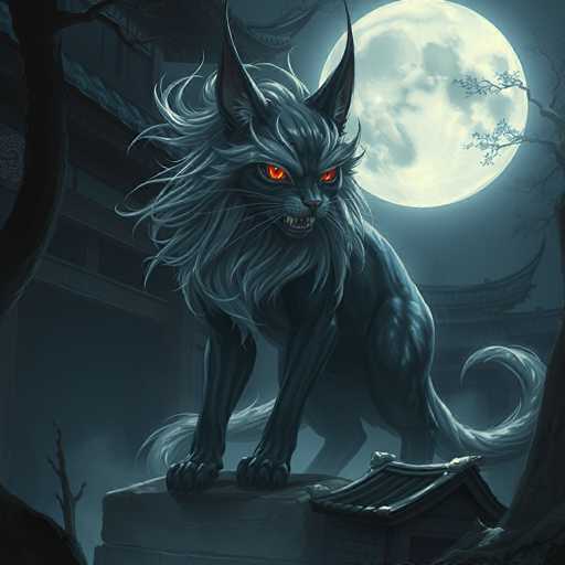 The image depicts a highly detailed, computer-generated scene of a mythical creature resembling a cat with a lion's mane, standing on a stone pedestal in a dark, eerie setting. The creature has long, pointed ears, piercing orange eyes, and sharp teeth bared in a menacing snarl. Its fur is a mix of gray and black, with a long, flowing mane and a tail that curls to the right. The background features a large, full moon casting a dim light over the scene, illuminating the creature's fierce expression. Surrounding the pedestal are several Asian-style buildings with curved roofs, partially obscured by fog and mist. The setting is further accentuated by the presence of dead trees with sparse branches, adding to the overall spooky atmosphere.