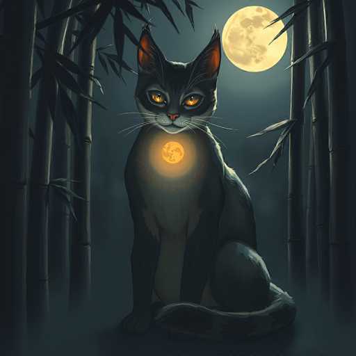The image depicts a detailed, computer-generated illustration of a black cat with striking orange eyes, sitting in a serene bamboo forest. The cat's fur is predominantly black, with a lighter gray chest and a white underbelly. Its ears are perked up, and its tail is curled around its body. The cat's eyes are wide open, gazing directly at the viewer, and its mouth is closed. The scene is set at night under a full moon, which casts a soft glow over the cat's chest, creating a luminous effect. The background features tall, slender bamboo stalks with leaves, adding to the tranquil atmosphere. The overall color palette includes shades of black, gray, white, and hints of orange and yellow from the moonlight. The cat appears to be sitting on a soft surface, possibly a blanket, enhancing the cozy and mystical ambiance of the image.