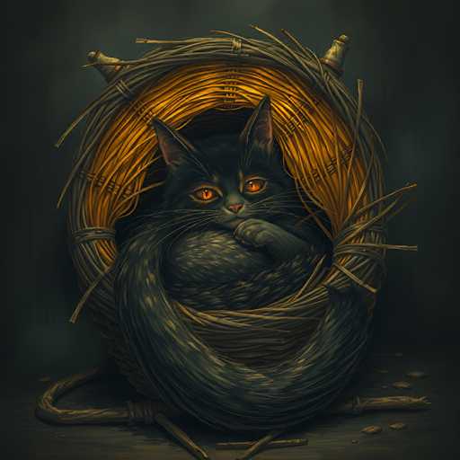 This detailed digital illustration features a black cat with striking orange eyes, nestled inside a woven basket. The basket, constructed from thin wooden sticks and twigs, has a circular shape with a woven bottom and a rim adorned with two small, cone-shaped wooden pieces. The cat, with its long, curled tail wrapped around its body, is positioned centrally within the basket. Its front paws are tucked under its chin, and it gazes directly at the viewer with an intense, almost mesmerizing stare. The background is a dark gray, almost black, which contrasts sharply with the basket's golden hue and the cat's glossy fur. The scene is set on a wooden floor, scattered with small twigs and rocks, adding to the rustic and cozy atmosphere of the image.