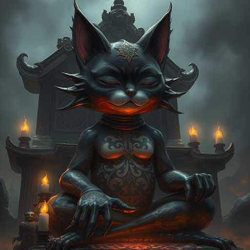 The image depicts a striking statue of a cat-like creature, possibly a deity or guardian figure, seated in a meditative pose with its legs crossed. The statue is predominantly black with intricate silver or white designs adorning its body, including a prominent star on its forehead. Its eyes are closed, and it has a serene expression, with its right hand resting on its knee and its left hand placed on the ground. The creature's head features large, pointed ears and whiskers, with a distinctive red glow emanating from its chin and chest area. The statue is positioned in front of a traditional Asian-style building, which has a curved roof and is flanked by two pillars. On these pillars are three lit candles, casting a warm glow. Additionally, there are two more lit candles placed on the ground near the statue. The background is filled with dark, smoky clouds, adding a mystical atmosphere to the scene.