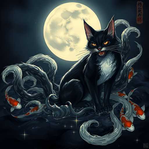 The image depicts a striking black cat with vivid orange eyes, sitting poised on a bed of water. The cat's fur is sleek and glossy, with a distinctive white patch on its chest. Its mouth is open, revealing sharp teeth, and its ears are perked up attentively. Surrounding the cat are numerous gray fish, their scales shimmering in the moonlight. The scene is set against a backdrop of a luminous full moon, casting a soft glow over the entire composition. The water beneath the cat is dotted with stars, adding a magical touch to the night scene. The overall atmosphere is one of mystery and enchantment, with the cat appearing as if it's in control of its aquatic domain.