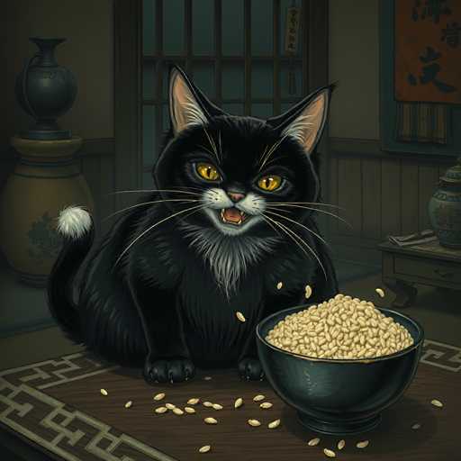 A detailed cartoon illustration depicts a black cat with a white chest, white whiskers, and a white-tipped tail, sitting on a wooden table. The cat, with its mouth open and yellow eyes, appears to be meowing at a bowl of white rice in front of it. The table features a decorative border with a tan and brown design. Scattered around the bowl are grains of rice. In the background, a wooden wall with a window adorned with a Chinese banner and a tassel can be seen. To the left of the window stands a large vase, while to the right, a smaller table holds a blue vase. The scene is set against a backdrop of a wooden floor, adding to the cozy, traditional ambiance.