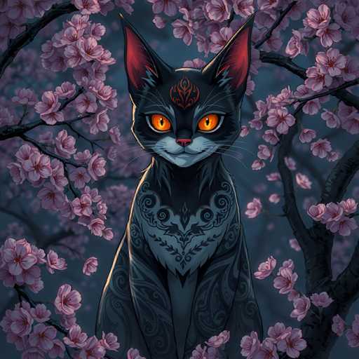 This image features a striking black cat adorned with intricate, grayish-blue swirls and patterns that resemble tattoos. The cat's piercing orange eyes are accentuated by a red, flame-like design on its forehead, adding to its mystical appearance. Its ears are pointed and tipped with red, while its nose is a vivid red and its mouth is a contrasting white. The cat is seated in front of a tree branch that is adorned with delicate pink cherry blossoms, creating a serene and enchanting backdrop. The overall composition exudes a magical and otherworldly aura, making the cat appear almost mythical.
