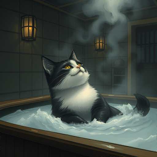 In this whimsical and detailed illustration, a black and white cat is depicted sitting in a wooden bathtub filled with steaming water. The cat, with its striking yellow eyes and pink nose, has a white face, chest, and paws, while the rest of its fur is black. The feline appears to be enjoying the warmth, gazing upwards with a content expression. The bathtub, which has a wooden exterior, is set against a backdrop of a tiled wall adorned with two lanterns emitting a soft yellow glow. To the right of the scene, a doorway with a wooden frame and a window with bars adds to the cozy, rustic atmosphere. The overall ambiance suggests a serene and inviting moment, as if the cat is savoring a peaceful bath in a charming, old-fashioned setting.