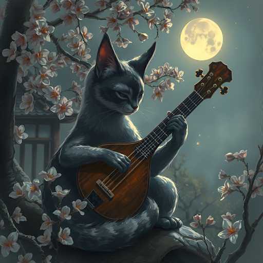 In this detailed, square-shaped illustration, a gray cat with white accents is perched on a tree branch, strumming a brown acoustic guitar. The cat's ears are pointed, and its tail is wrapped around its legs as it sits on its hind legs. The scene is set at night under a full moon, which casts a soft glow over the entire image. The background features a gray sky with a few stars and a traditional Japanese-style building with a curved roof. The tree, adorned with white and pink cherry blossoms, has branches extending from the upper left and lower right corners of the image. The cat's gaze is directed towards the right, adding a contemplative mood to the serene night setting.