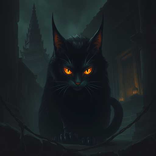 The image depicts a striking black cat with piercing orange eyes, standing on a stone walkway in a dark, gothic alleyway. The cat's ears are pointed and upright, with a hint of orange on the inside. Its fur is sleek and shiny, and it has long, white whiskers. The cat's tail is curled around its body, and it is gazing directly at the viewer with an intense, almost menacing stare.

The setting is dimly lit, with a gray, cloudy sky overhead. To the left of the cat, there is a tall, spire-like building with a pointed roof, reminiscent of a temple or church spire. On the right side, there is a stone building with a large, rectangular doorway, and a lantern hanging from a ledge above it. The ground is paved with stone, and there are chains or ropes lying on the floor, adding to the eerie atmosphere.

The overall scene is dark and mysterious, with the cat as the central focus, creating a sense of unease and intrigue. The combination of the gothic architecture, the chain on the ground, and the cat's intense gaze contribute to a haunting and captivating image.