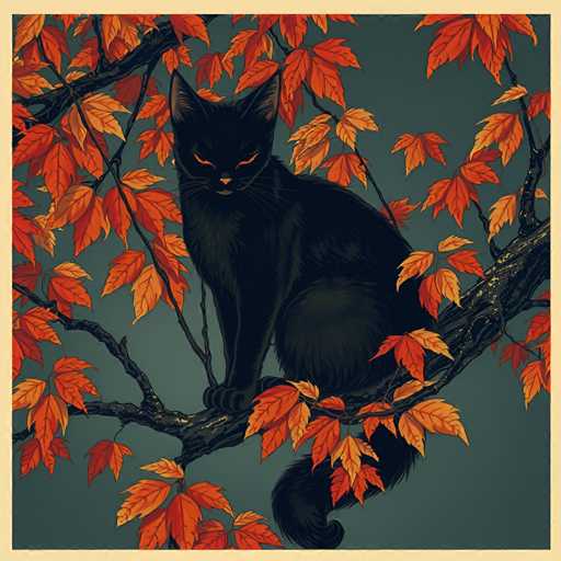 This detailed illustration depicts a black cat perched on a tree branch, surrounded by vibrant autumn leaves. The cat's fur is entirely black, with striking orange eyes and an orange nose, creating a captivating contrast. Its ears are perked up attentively, and its tail is curled around its body, adding to its poised appearance. The cat's front paws are firmly gripping the branch, while its back paws are tucked underneath its body. The tree branch extends from the right side of the image, curving gracefully to the left, with numerous smaller branches sprouting off from it. The leaves on the branches are a rich tapestry of autumn hues, including shades of orange, yellow, and red, with some leaves displaying a mix of colors. The background is a deep, dark green, almost gray, which enhances the vividness of the cat and the foliage. The entire scene is framed by a light yellow border, giving it a finished, artistic touch.