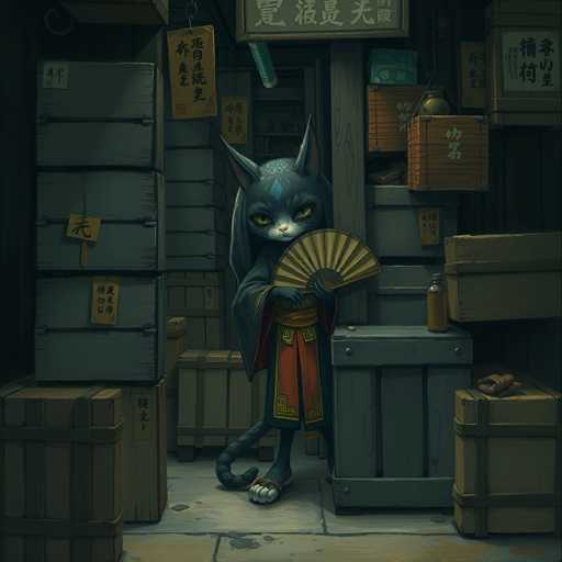 In this detailed and vibrant illustration, a cat stands upright in a bustling warehouse, exuding an air of elegance and grace. The feline is adorned in a traditional Chinese outfit, featuring a striking red dress with intricate gold and blue patterns. The ensemble is complemented by a yellow sash around the waist and a matching yellow belt. The cat's paws are adorned with red rings, adding a touch of regal flair.

The cat's fur is a rich dark blue, almost black, with mesmerizing green eyes that have vertical slit pupils, giving it a mystical appearance. A distinctive blue diamond shape marks its forehead, and a white flower is delicately placed on its head. The cat's ears are perked up, and its tail curls around its legs, which are crossed at the ankles.

In its paws, the cat holds a yellow fan, enhancing its poised demeanor. The warehouse setting is filled with wooden crates and boxes, some stacked on top of each other, and others leaning against the walls. The floor is made of stone, adding to the rustic ambiance. Signs with Chinese characters are scattered throughout the scene, contributing to the authentic cultural atmosphere. The overall composition is richly detailed, creating a captivating and immersive visual experience.