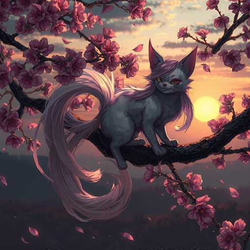 A captivating digital illustration features a whimsical cat perched on a tree branch. The feline, with its gray fur, sports an impressively large, bushy tail that curls around its body. Its ears are pointed and adorned with pink fur, while its striking yellow eyes and pink nose add a touch of charm. The cat's face is framed by long, flowing pink hair that cascades down its back and over its shoulders, giving it an almost mythical appearance.

The tree branch, extending from the right side of the image, is adorned with delicate pink flowers, some of which are gently falling around the cat. The background showcases a serene sunset, with the sun positioned on the right side of the image. The sky is painted in warm hues of orange and yellow, with scattered clouds adding depth to the scene. Below, a dark gray mountain range stretches across the horizon, completing this enchanting and detailed composition.