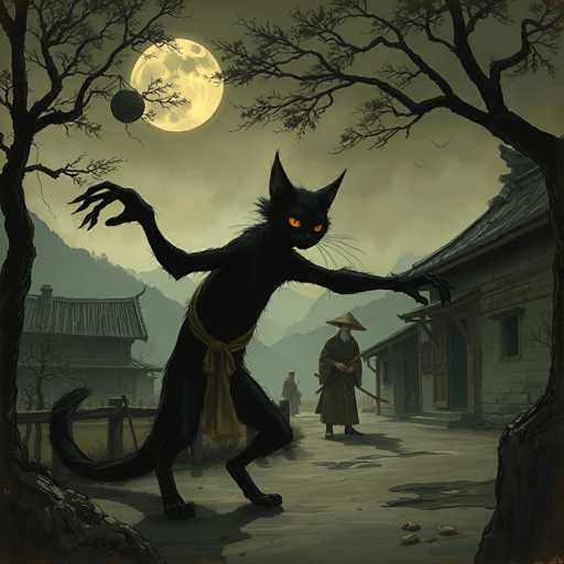 In this eerie, dark illustration, a menacing black cat stands upright on its hind legs, its glowing orange eyes fixed directly at the viewer. The cat's long, clawed fingers are extended, and it wears a yellowish cloth tied around its waist, adding to its sinister appearance. The scene is set at night under a large, yellow moon that casts an ominous glow over the entire image. The cat is positioned between two trees, with a wooden fence and a traditional Japanese-style house with a curved roof visible to the left. In the background, a man dressed in a brown robe and wearing a triangular hat stands with a sword at his side, seemingly on guard. Further back, another figure can be seen, adding to the sense of unease. The ground is littered with debris, and the overall atmosphere is one of foreboding and mystery, reminiscent of a horror comic or a scene from a dark fantasy story.