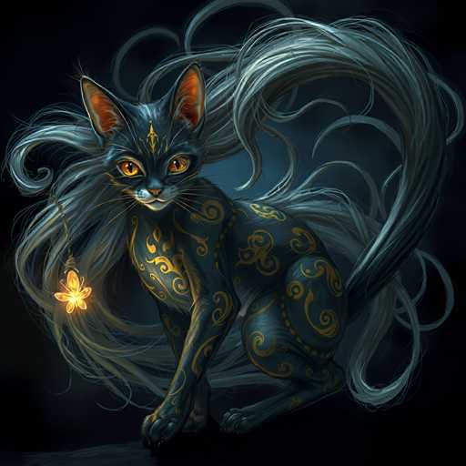 This image depicts a fantastical, AI-generated cat with an extraordinary appearance. The cat's fur is predominantly black, adorned with intricate gold swirls and patterns that resemble ancient hieroglyphics. Its eyes are a striking amber color, with black pupils that add to its mystical aura. The cat's ears are pointed and stand erect, with the inner parts glowing a vibrant orange. 

The cat's most remarkable feature is its exceptionally long, flowing tail, which extends behind it and arches over its back. The tail is a blend of gray and white, with wispy strands that give it an ethereal quality. The cat is seated on its hind legs, with its front paws resting on the ground, and it gazes directly at the viewer with an intense, almost otherworldly stare.

Adding to the magical atmosphere, a glowing yellow flower dangles from a thread attached to the cat's right ear. The flower's luminous petals contrast beautifully with the dark background, which is a deep, almost black shade of blue. The overall composition of the image creates a sense of enchantment and mystery, making the cat appear as if it belongs to a realm beyond our own.