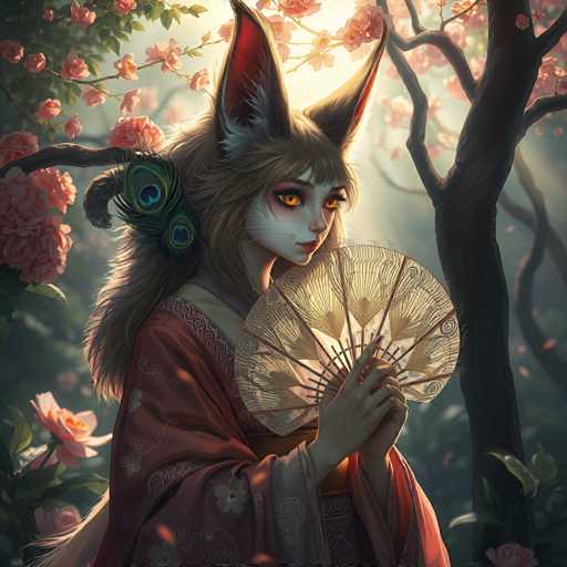The image depicts a highly detailed, computer-generated scene of a fox-like woman standing in a serene forest. She is adorned in a flowing red kimono with intricate white floral patterns and holds a delicate, golden fan in her hands. Her fur is a rich brown, and she has striking orange eyes with black pupils, framed by long eyelashes. She also features prominent, pointed fox ears that are brown with red interiors, and a tuft of brown hair styled into a ponytail. A peacock feather is elegantly tucked into her hair on the left side. The background is a lush forest filled with trees and bushes, some of which bear pink flowers, while others are bare. The scene is bathed in a soft, yellow light that filters through the trees, adding a magical glow to the setting. The fox woman is positioned slightly to the left of the center, gazing to the right, creating a captivating and ethereal atmosphere.