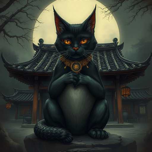 The image depicts a striking black cat with a white belly, sitting on a rock in front of a traditional Japanese pagoda. The cat's eyes are a vivid orange, and it has a gold medallion around its neck. The pagoda behind it features a curved roof with gray tiles and brown wooden pillars, and a large, glowing full moon is positioned directly behind the cat's head. The scene is framed by bare tree branches in the upper corners, adding to the eerie atmosphere. The cat's posture is alert, with its front paws clasped together and its tail wrapped around its body, giving it a majestic and somewhat mystical appearance.