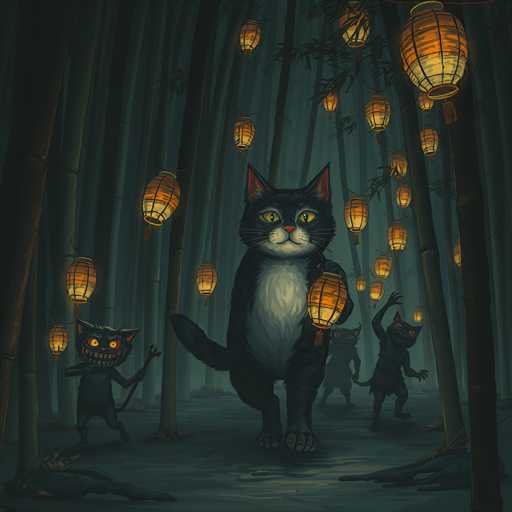 In this captivating digital illustration, a large black cat with striking yellow eyes and a white chest stands prominently in the center of a dark, eerie forest. The cat, holding a glowing lantern in its left paw, appears to be guiding the viewer through the scene. Surrounding the cat are several smaller black creatures, resembling goblins or demons, with glowing yellow eyes and sharp teeth. These creatures, some holding similar lanterns, seem to be following the cat's lead. The forest is dense with tall trees, their trunks stretching upwards, and the ground is littered with leaves and branches. The atmosphere is further enhanced by numerous yellow lanterns hanging from the trees, casting an eerie light that illuminates the cat and the surrounding goblins. The overall scene is dark and mysterious, with a sense of movement and purpose as the cat walks forward, its tail swishing behind it, while the goblins move to the right, creating a dynamic and slightly unsettling tableau.