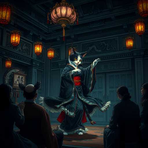 In this captivating image, a cat is depicted in an elaborate traditional Japanese costume, standing gracefully on a wooden platform. The feline's fur is predominantly white, with striking black markings on its head and ears. Its eyes are a vivid yellow, and its mouth is slightly open, revealing a hint of pink. The cat's front paws are raised, adding to its poised demeanor.

The costume is a long, black robe adorned with intricate white and red patterns. A prominent red sash, secured with a gold tie, cinches the waist of the robe. The bottom of the robe features a fluffy white trim, and the cat's white paws peek out from beneath it. The cat's tail, also white, is visible behind the robe.

Surrounding the cat are four individuals, all seated and facing it. To the left, a woman with long black hair is dressed in a black robe. Next to her, a bald man with two black ponytails on either side of his head wears a red robe. On the right side, another woman with black hair tied in a bun dons a black robe. The fourth person, a woman with long black hair, is also dressed in a black robe.

The background features a blue wall with a large, rectangular design. The ceiling is adorned with numerous lanterns, casting a warm, yellow light that enhances the serene and mystical atmosphere of the scene.