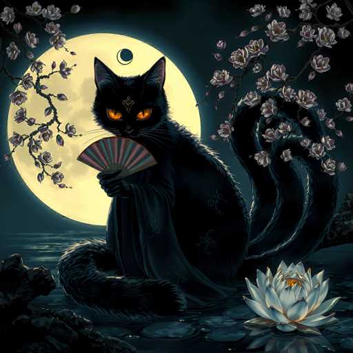 This detailed illustration depicts a mystical black cat with striking orange eyes, seated gracefully on a lily pad in a serene pond. The cat, adorned in a flowing black robe with intricate designs, holds a pink and blue fan in its right paw. Its long, wavy tail extends behind it, adding to its ethereal appearance. The scene is set against a backdrop of a large, luminous full moon, with a smaller moon or planet positioned above the cat's head. Surrounding the cat are delicate branches of cherry blossoms, their pink petals adding a touch of color to the dark, night scene. A prominent white water lily with a glowing yellow center floats in the foreground, enhancing the magical atmosphere. The overall composition, with its dark blue and black hues, creates a captivating and enchanting visual experience.