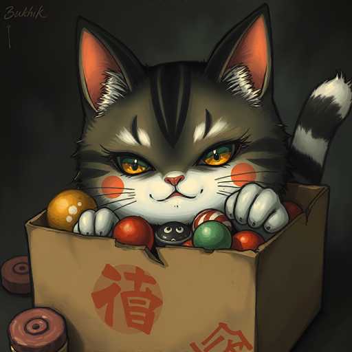 This detailed illustration features a gray cat with striking orange eyes and white whiskers, sitting inside a brown cardboard box adorned with red Chinese characters. The cat's ears are perked up, and its paws are gripping the sides of the box. Its face is accentuated with orange circles on its cheeks, giving it a playful appearance. The box is filled with an assortment of colorful balls, including red, green, and orange ones, as well as a black ball with white eyes and a frowning expression. The background is a dark gray, and in the top left corner, the artist's signature, "Bukhik," is visible. Additionally, there are two brown circular objects with holes in the middle placed on the ground in front of the box.