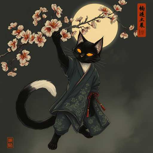 This image features a striking black cat with vivid orange eyes, dressed in a traditional Japanese kimono. The cat is depicted in a dynamic pose, with its right paw raised and holding a branch adorned with delicate white and pink cherry blossoms. The kimono is a dark greenish-gray color, embellished with intricate floral patterns and tied with a red sash. The cat's tail is black with a distinctive white tip. The background is a dark gray, with a large, glowing yellow moon partially obscured by the cat's raised paw. The scene is framed by a red banner with black Japanese characters on the right side and a smaller red banner with similar characters in the bottom left corner. The overall composition exudes a mystical and enchanting atmosphere, blending elements of traditional Japanese culture with the allure of the night.