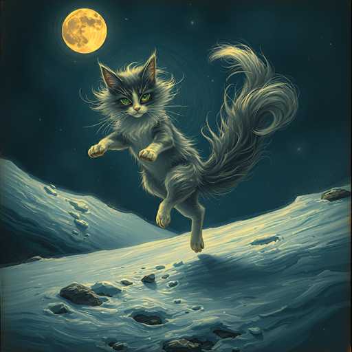 This detailed digital illustration depicts a gray, long-haired cat with striking green eyes and a white belly, standing on its hind legs on a snowy, rocky surface. The cat's front paws are extended forward, and its bushy tail is raised high, curving to the right. The scene is set at night under a dark blue sky, illuminated by a large, glowing yellow moon in the upper left corner. The moonlight casts a soft glow on the cat's fur and the surrounding snow, which is dotted with footprints. The background features a dark blue sky with scattered stars, enhancing the serene and mystical atmosphere of the image.