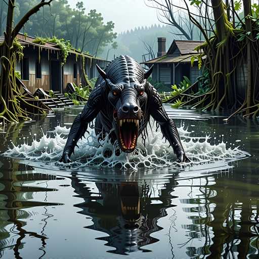 A monstrous, black creature with a wolf-like head and sharp teeth is emerging from a murky, flooded area in a dense jungle. The creature's body is covered in thick, textured scales or fur, and its eyes glow with an eerie red light. Water splashes around it as it rises from the water, creating a dramatic and unsettling scene. The background features dilapidated huts with thatched roofs, surrounded by lush vegetation and gnarled trees, suggesting a remote and potentially dangerous location. The overall atmosphere is dark, mysterious, and slightly fantastical.