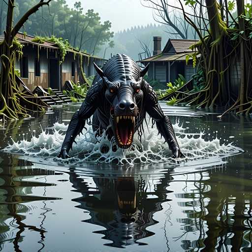 The image depicts a large, black creature with sharp teeth and fangs emerging from the water, surrounded by trees and bushes on either side of the river. The creature appears to be in motion as it emerges from the water, creating a sense of dynamism and action within the scene.