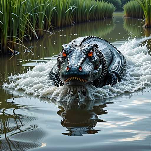 A highly detailed, computer-generated image depicts a fantastical creature emerging from a swampy body of water. The creature, resembling a hybrid between an alligator and a dragon, features a long, scaly body with a metallic sheen. Its head is adorned with multiple eyes, including two prominent ones on top of its head and additional eyes on either side. The creature's mouth is filled with sharp, yellow teeth, and its body is covered in intricate scales. As it breaks the water's surface, it creates a dramatic splash, with droplets and foam rising around it. The surrounding environment includes tall grasses and trees in the background, adding to the swampy atmosphere. The creature's reflection shimmers in the water below, enhancing the surreal and otherworldly quality of the scene.
