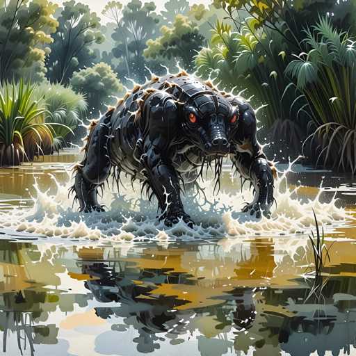 A large, dark, mechanical creature with glowing red eyes is emerging from a murky swamp in a vibrant, stylized digital painting. The creature has a heavily armored body with intricate mechanical details and sharp, claw-like appendages. Water splashes around its legs as it rises from the water, creating a dynamic and powerful scene. The background features lush, stylized vegetation with a mix of green and yellow hues, suggesting a tropical or fantastical environment. The overall style is digital art with a focus on texture and lighting, giving the creature a sense of depth and movement.