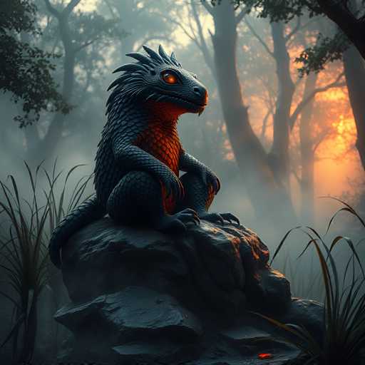 The image depicts a computer-generated scene of a mythical creature, possibly a dragon or a dinosaur, perched on a large, dark gray rock in the middle of a dense forest. The creature, with its scaly, dark gray body, features a long tail, four legs, and a head adorned with spikes. Its eyes glow an eerie orange, and its mouth is closed, giving it a somewhat menacing appearance. The creature's chest is illuminated by an orange light, adding to its otherworldly presence. Surrounding the rock are tall grasses, and the background reveals a forest with numerous trees. The sky is tinged with orange hues, suggesting either a sunrise or sunset, and there is a misty fog enveloping the scene, enhancing the mystical atmosphere.