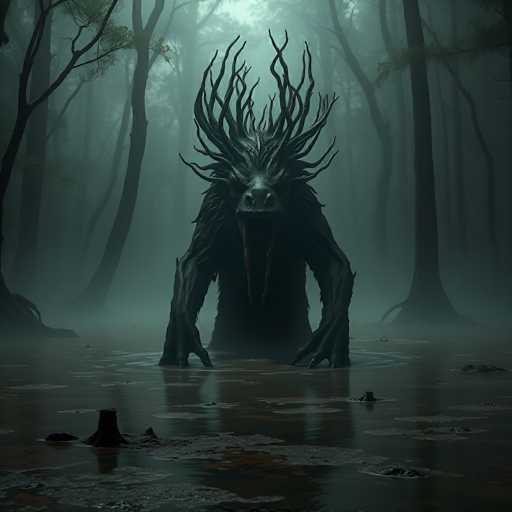 The image depicts a dark, eerie scene set in a swampy forest. At the center stands a monstrous creature with a humanoid form, emerging from murky water. The creature's body is covered in dark fur, and it has a long, thin face with a wide-open mouth, revealing two long fangs hanging down to its chest. Its head is adorned with numerous spiky, branch-like protrusions that resemble antlers or tree roots, giving it a menacing appearance. The creature's hands are long and claw-like, with fingers splayed out as if ready to grasp something. Surrounding the monster, the swamp is filled with tall, thin trees and scattered stumps, all shrouded in a thick fog that adds to the overall dark and foreboding atmosphere. The water around the creature is murky and brown, with visible ripples and patches of algae, enhancing the scene's unsettling mood.