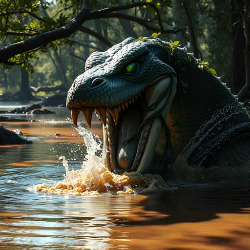 A large, prehistoric-looking creature with a reptilian body and green eyes emerges from a murky, brown river. Its mouth is wide open, revealing sharp teeth and a splash of water around it. The creature's skin is textured with scales, and green plants grow on its head and body. The background shows a lush forest with trees and foliage, suggesting a prehistoric or fantastical setting.