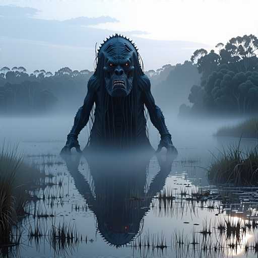The image depicts a computer-generated scene of a swampy area, shrouded in a thick fog that obscures the background. The water is dark and reflective, mirroring the eerie atmosphere. Emerging from the water is a monstrous creature with a humanoid form, featuring long arms and a body that appears to be covered in hair or fur. Its face is grotesque, with a large, flat nose, sharp teeth, and glowing red eyes that pierce through the darkness. The creature's head is adorned with spikes, adding to its menacing appearance. The water around the monster is dotted with patches of grass and small plants, enhancing the swampy setting. The overall color palette of the image is dominated by dark blues and grays, with the creature's red eyes providing a striking contrast. The scene is devoid of any text, focusing solely on the haunting and mysterious presence of the monster in the swamp.