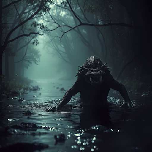 The image depicts a dark, eerie scene set in a swampy forest. At the center, a monstrous creature emerges from the water, its body partially submerged. The creature has a humanoid form with long arms ending in sharp claws, and its face is adorned with large fangs protruding from both the upper and lower jaws. Its head is covered in scales, and it has spikes protruding from its cheeks and the back of its head. The water around the monster is dark and reflective, with ripples emanating from where it stands. The background is shrouded in fog, creating a misty atmosphere that enhances the sense of mystery and danger. Tall trees with sparse leaves frame the scene, their silhouettes barely visible through the fog. The overall color palette is dominated by deep greens, blacks, and grays, contributing to the foreboding and unsettling mood of the image.