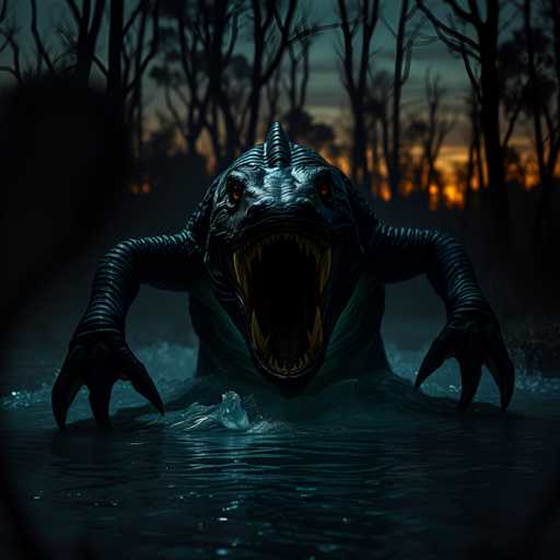 A 3D rendering of a large, dark-colored creature with sharp teeth and fangs emerges from the water at dusk, its mouth wide open as it appears to be about to bite something or someone in the image. The background is filled with trees and bushes, creating an eerie atmosphere that complements the creature's menacing appearance.