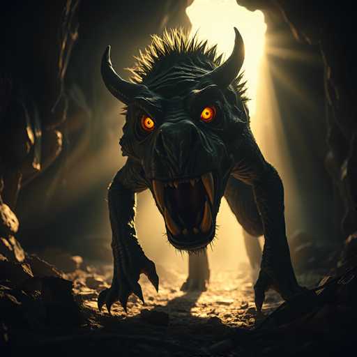 A monstrous, dark creature with glowing orange eyes and sharp horns is emerging from a dimly lit cave. The creature's body is covered in rough, dark scales and its mouth is wide open, revealing sharp teeth. The creature's claws are extended, as if ready to pounce. Dust and rocks cover the ground around it, and a beam of light shines down from above, illuminating the creature's face. The overall atmosphere is dark and foreboding.