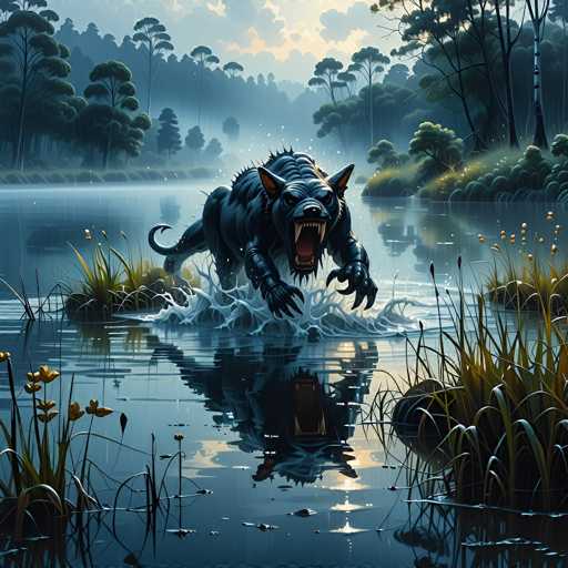 The image depicts a fantastical creature, resembling a hybrid of a wolf and a dragon, with a strikingly black body and menacing features. The creature's head is adorned with large, pointed ears and a long snout filled with sharp, fang-like teeth, giving it a fierce appearance. Its eyes are dark and piercing, adding to its intimidating presence. The creature is captured mid-motion, emerging from a body of water, with splashes and ripples radiating around it. The water is a deep blue, dotted with patches of green grass and yellow flowers, adding a touch of natural beauty to the scene. Surrounding the water are tall trees with lush green foliage, creating a dense forest backdrop. The sky above is filled with clouds, allowing glimpses of sunlight to filter through, casting a soft glow over the entire scene. The overall atmosphere is one of mystery and enchantment, with the creature as the focal point against the serene yet wild natural setting.