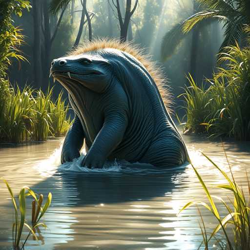 The image depicts a fantastical creature that appears to be a hybrid between a hippopotamus and a crocodile, with distinct features reminiscent of a sloth. The creature is dark gray in color and has a robust, muscular build. Its body is partially submerged in a murky pond, with its head and front legs visible above the water's surface. The creature's face is characterized by a long snout, prominent nostrils, and a set of sharp fangs protruding from its mouth. A striking feature is the mane of brown fur running from the top of its head down its back, adding to its mythical appearance. The surrounding environment is lush and tropical, with tall grasses, palm trees, and other vegetation framing the scene. Sunlight filters through the dense foliage, casting a warm glow over the creature and its watery habitat. The overall atmosphere is one of serene yet mysterious wilderness, with the creature seemingly at home in this enchanting, almost otherworldly setting.