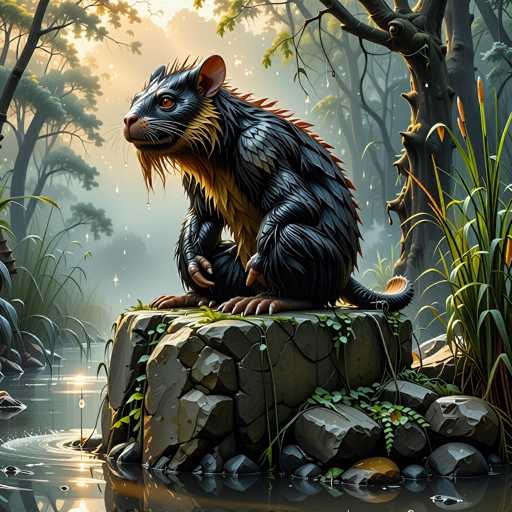 The image depicts a fantastical, computer-generated scene featuring a large, rat-like creature with a striking appearance. The creature, which has a body covered in black fur with a yellowish-brown underbelly, is perched on a rock surrounded by water. Its long, spiky tail and large, human-like hands with long nails add to its otherworldly look. The creature's face is adorned with a beard and mustache, and it has a pink nose and brown eyes. The setting is a misty, swamp-like environment with tall trees in the background, some of which have unusual features like eyes and branches resembling cacti. The scene is illuminated by a yellowish light, possibly from the sun, casting a warm glow over the entire landscape. The water around the rock reflects the creature's image, enhancing the mystical atmosphere of the image.