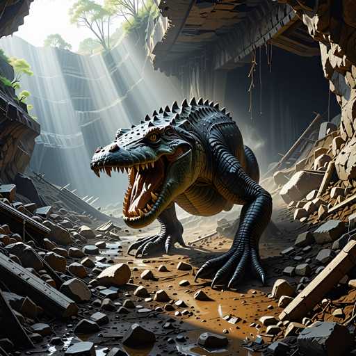 A colossal, prehistoric-looking creature with sharp teeth and textured scales emerges from a ruined, overgrown structure in a dramatic, sunlit scene. The creature is positioned in the center of the image, facing forward with its mouth wide open, revealing a gaping maw filled with sharp teeth. Its body is dark and textured, covered in scales that appear to be a mix of grey and black. The creature's limbs are powerful, ending in sharp claws that grip the uneven ground. 

The ruined structure behind it is partially collapsed, revealing a glimpse of lush greenery and sunlight streaming down from above. The ground is littered with broken rocks and debris, suggesting a scene of destruction or decay. The overall lighting is dramatic, with strong rays of sunlight illuminating the creature and the surrounding ruins, creating a sense of scale and mystery. The image has a slightly surreal or fantastical quality, hinting at a world where prehistoric creatures might still exist.