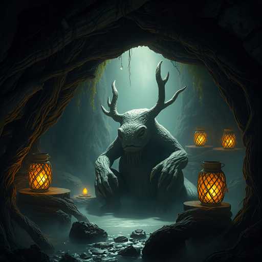 The image depicts a dark, eerie scene inside a cave with a large, humanoid creature at its center. The creature, which has a greenish-gray skin tone, is seated on a stone throne-like structure surrounded by water. It has a humanoid body with long, claw-like hands resting on its knees and a face adorned with a mustache and a goatee. Its head is crowned with antlers that curve upwards and outwards. The cave's entrance is visible at the top of the image, allowing a sliver of light to filter in, casting a faint glow on the creature and the surrounding area. The cave walls are lined with moss and adorned with hanging vines and branches. Scattered around the creature are several wooden stumps, each topped with a lit lantern, their yellow flames providing the primary light source in the otherwise dark cave. The overall atmosphere is one of mystery and foreboding, with the creature appearing to be a powerful, possibly malevolent entity.