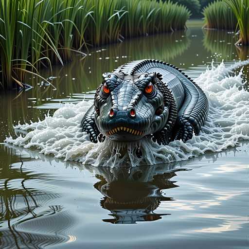The image depicts an artificial crocodile swimming through a body of water. The crocodile is painted in shades of gray and black with red eyes and sharp teeth, giving it a lifelike appearance. The crocodile's mouth is open wide as if it's about to snap something or make a sound. The background shows the water rushing past the crocodile, creating a sense of movement and energy.