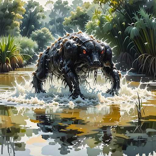 The image depicts a striking, computer-generated scene of a mechanical alligator emerging from a swampy pond. The creature, which appears to be a fusion of organic and mechanical elements, has a sleek, black body with a metallic sheen. Its eyes glow an ominous red, and its mouth is slightly open, revealing sharp teeth. The alligator's body is adorned with brown spikes along its back and sides, adding to its menacing appearance. It stands on all fours, with water splashing around its legs, suggesting recent movement. The surrounding environment is lush and green, with tall trees and various plants framing the swampy setting. The water in the pond is a mix of brown and green hues, reflecting the dense vegetation around it. The overall scene is highly detailed and vividly colored, emphasizing the contrast between the mechanical alligator and its natural surroundings.