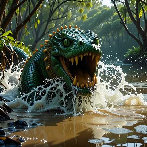 The image depicts a highly detailed, computer-generated scene of a green dragon emerging from a muddy, brown river. The dragon, with its mouth wide open, reveals sharp, yellow teeth and a long, brown tongue. Its green eyes, with black slits, are fixed on the viewer, giving it an intense and menacing expression. The dragon's body is covered in scales, and it has yellow spikes running along its back and neck. The water around the dragon is splashing dramatically, creating white foam and ripples. In the background, a lush forest with tall trees and green leaves can be seen, along with some rocks and plants near the riverbank. The overall scene is vivid and dynamic, capturing the moment of the dragon's fierce emergence from the water.