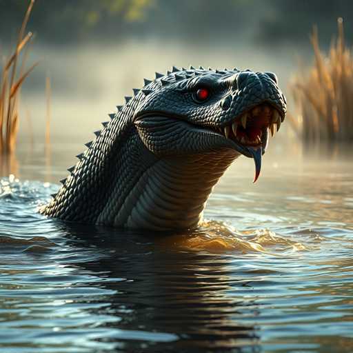 A large green snake is swimming through a body of water with its mouth open and tongue sticking out. The snake's head is tilted upwards as it appears to be exploring the water or possibly hunting for prey.
