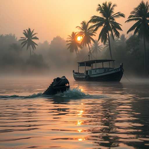 A serene, warm-toned scene depicts a crocodile emerging from the water near a boat in a misty, tropical setting. The focus is on the crocodile's powerful head and the gentle ripples in the water, contrasted by the distant boat. The art style is realistic, emphasizing soft lighting and a tranquil atmosphere.